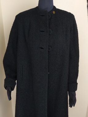 Vintage 1960s Bouclé Wool Long Coat Kennedy Era Collarless A-Line Black